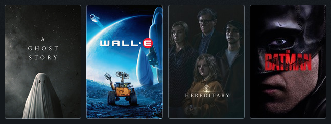 Portadas de las películas A Ghost Story, Wall-e, Hereditary y Batman. 